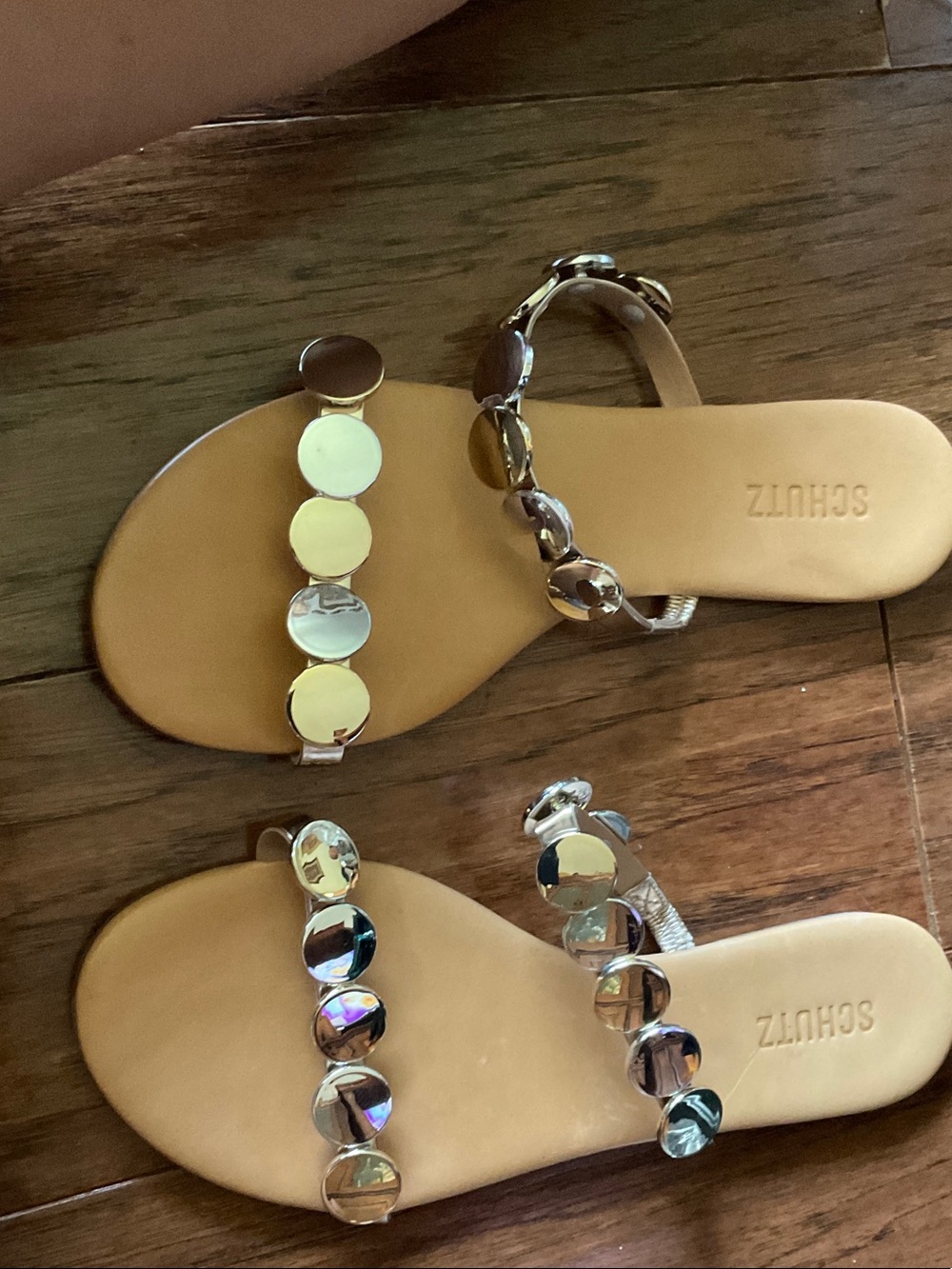 SCHUTZ Metallic Gold Mirror-Disc Toe-Post Sandals